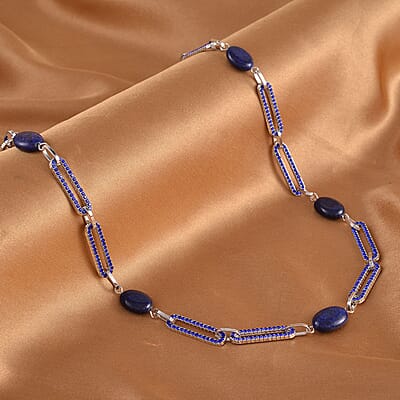 Lapis Lazuli and Blue Austrian Crystal 18.00 ctw Paper Clip Station Necklace in Silvertone 20-22 Inches