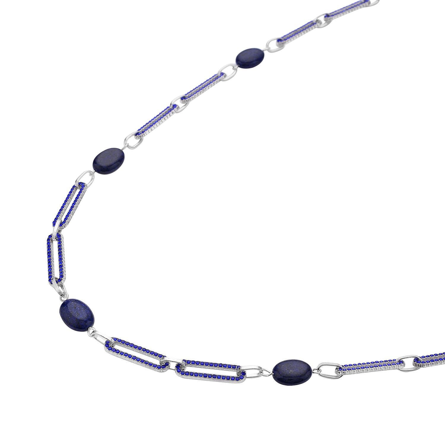 Lapis Lazuli and Blue Austrian Crystal 18.00 ctw Paper Clip Station Necklace in Silvertone 20-22 Inches