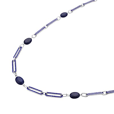Lapis Lazuli and Blue Austrian Crystal 18.00 ctw Paper Clip Station Necklace in Silvertone 20-22 Inches