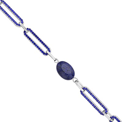Lapis Lazuli and Blue Austrian Crystal 18.00 ctw Paper Clip Station Necklace in Silvertone 20-22 Inches