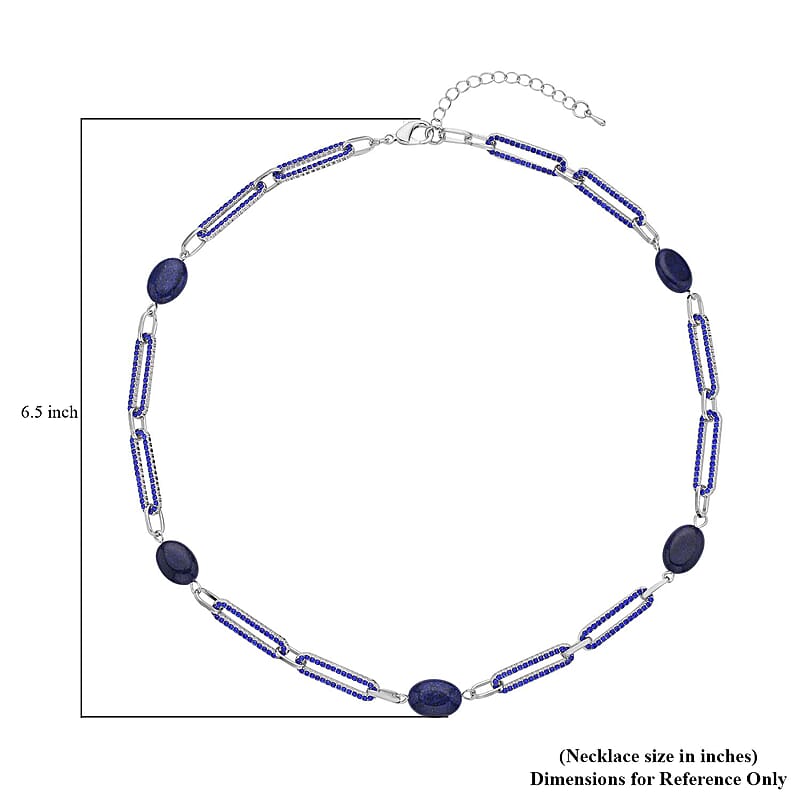 Lapis Lazuli and Blue Austrian Crystal 18.00 ctw Paper Clip Station Necklace in Silvertone 20-22 Inches