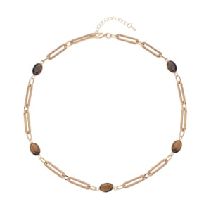 Yellow Tiger's Eye and Champagne Austrian Crystal 18.00 ctw Paper Clip Station Necklace in Goldtone 20-22 Inches