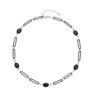 Black Onyx and Black Austrian Crystal 18.00 ctw Paper Clip Station Necklace in Silvertone 20-22 Inches