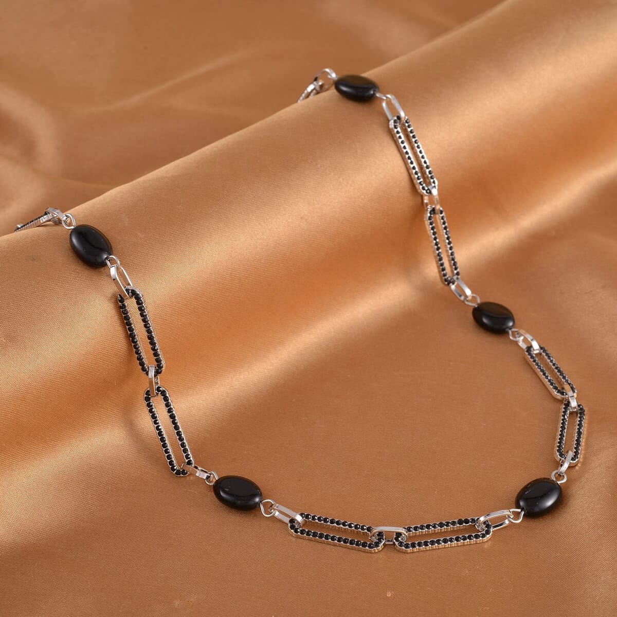 Black Onyx and Black Austrian Crystal 18.00 ctw Paper Clip Station Necklace in Silvertone 20-22 Inches image number 1