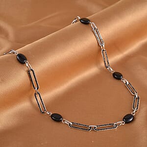 Black Onyx and Black Austrian Crystal 18.00 ctw Paper Clip Station Necklace in Silvertone 20-22 Inches