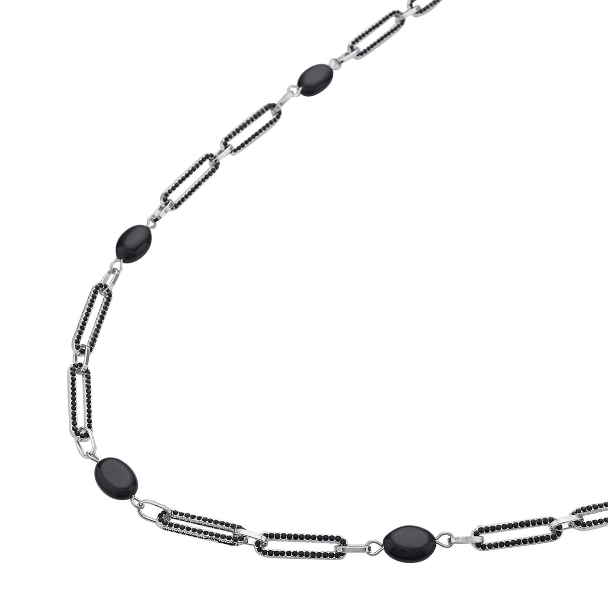 Black Onyx and Black Austrian Crystal 18.00 ctw Paper Clip Station Necklace in Silvertone 20-22 Inches image number 2