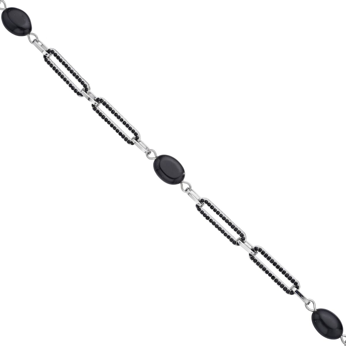 Black Onyx and Black Austrian Crystal 18.00 ctw Paper Clip Station Necklace in Silvertone 20-22 Inches image number 3