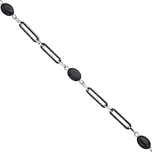 Black Onyx and Black Austrian Crystal 18.00 ctw Paper Clip Station Necklace in Silvertone 20-22 Inches