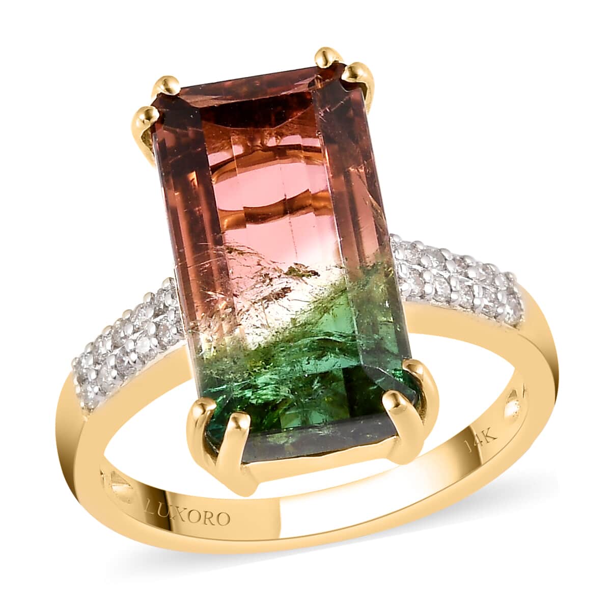 LUXORO 14K Yellow Gold AAA Watermelon Tourmaline and G-H I2 Diamond Solitaire Ring (Size 7.0) 3.70 Grams 6.65 ctw image number 0