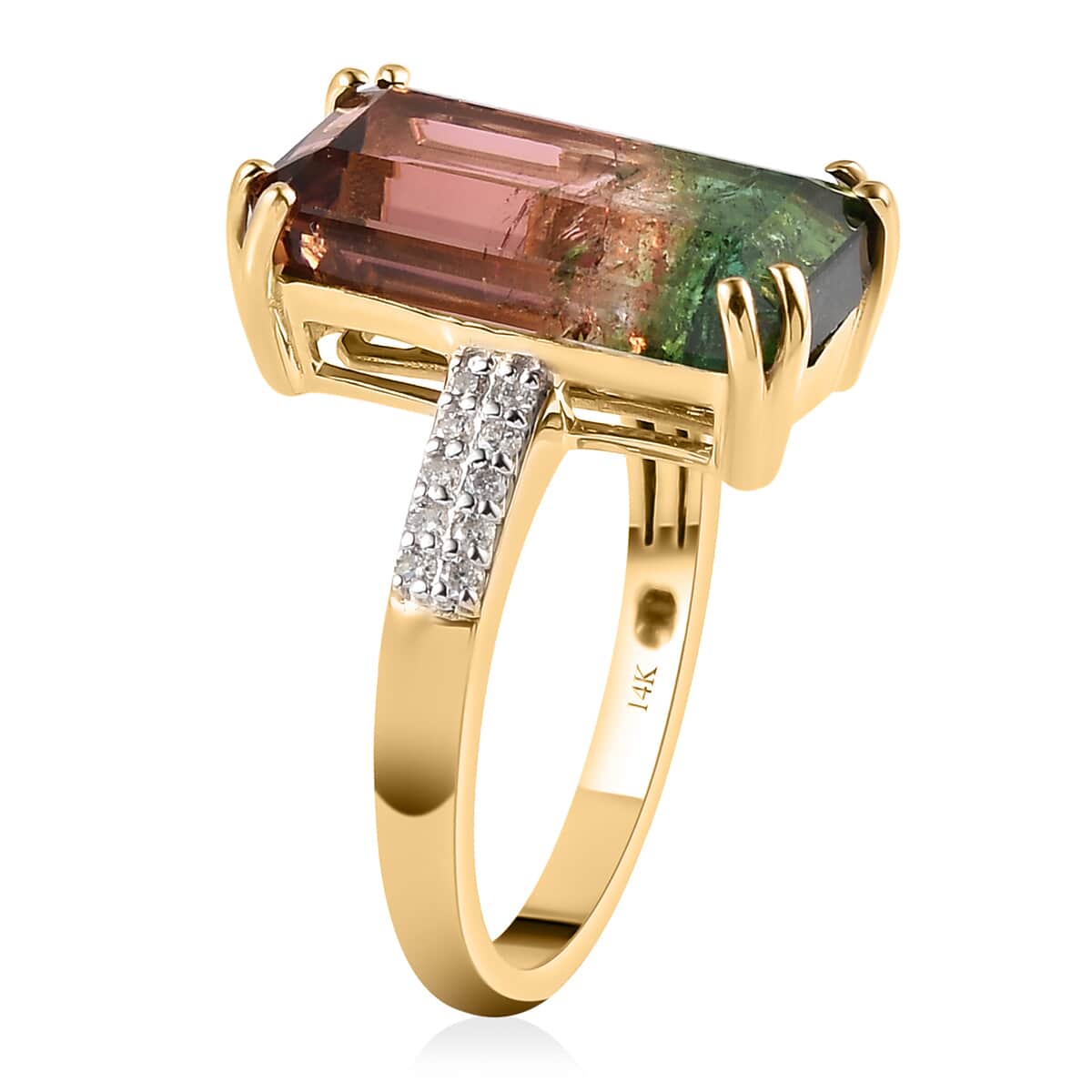 LUXORO 14K Yellow Gold AAA Watermelon Tourmaline and G-H I2 Diamond Solitaire Ring (Size 7.0) 3.70 Grams 6.65 ctw image number 3