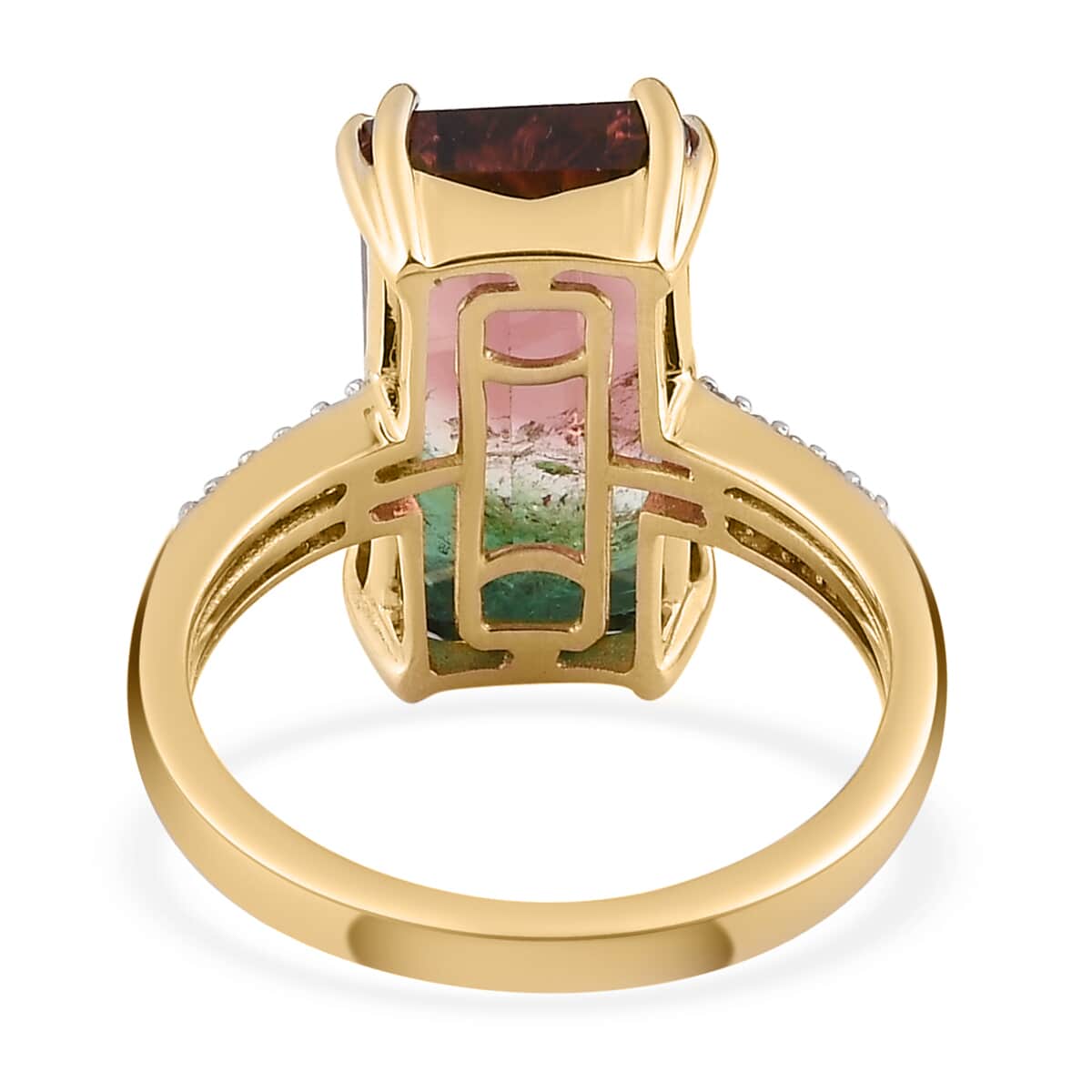 LUXORO 14K Yellow Gold AAA Watermelon Tourmaline and G-H I2 Diamond Solitaire Ring (Size 7.0) 3.70 Grams 6.65 ctw image number 4