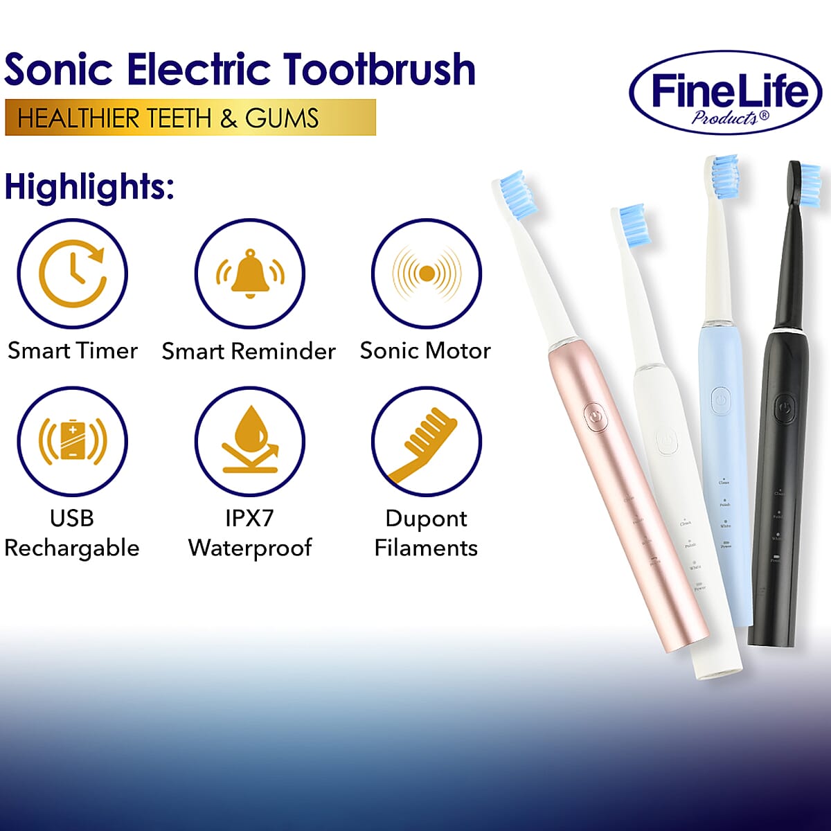 Fine Life Products Sonic Electric Toothbrush with 4 Brush Head - Black image number 3