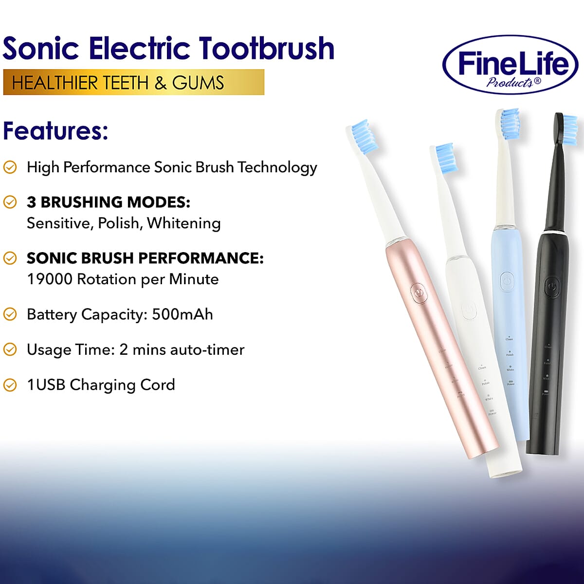 Fine Life Products Sonic Electric Toothbrush with 4 Brush Head - Rose Gold image number 2