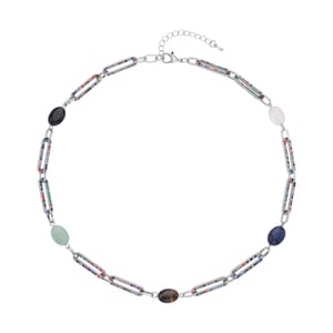 Multi Gemstone and Multi Color Austrian Crystal 18.00 ctw Paper Clip Station Necklace in Silvertone 20-22 Inches