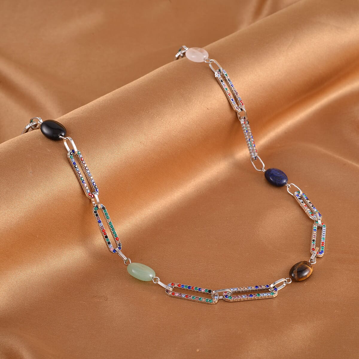 Multi Gemstone and Multi Color Austrian Crystal 18.00 ctw Paper Clip Station Necklace in Silvertone 20-22 Inches image number 1