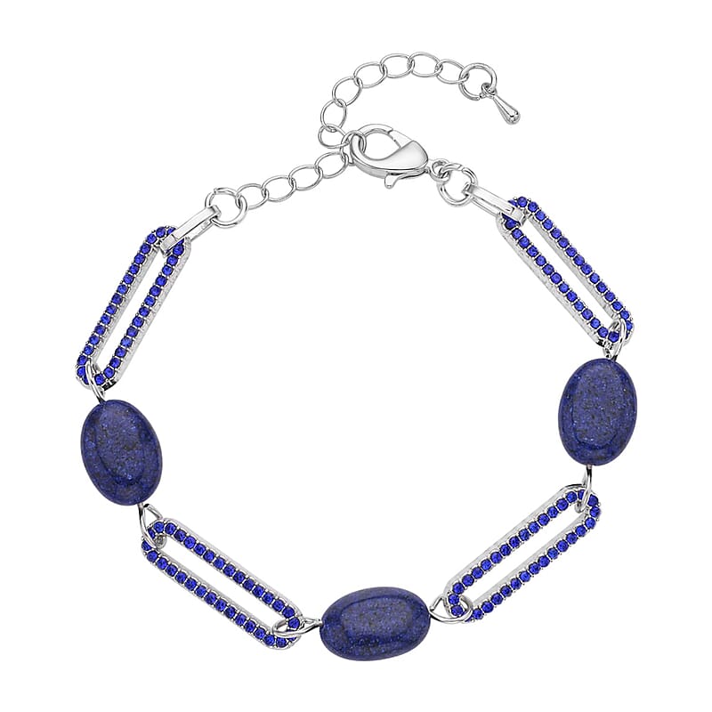 Lapis Lazuli and Blue Austrian Crystal Paper Clip Station Bracelet in Silvertone (7.50-9.50 Inches) 11.00 ctw