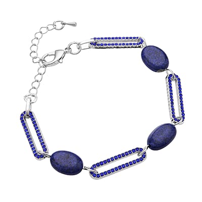 Lapis Lazuli and Blue Austrian Crystal Paper Clip Station Bracelet in Silvertone (7.50-9.50 Inches) 11.00 ctw