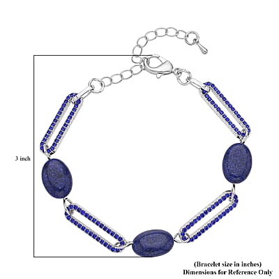 Lapis Lazuli and Blue Austrian Crystal Paper Clip Station Bracelet in Silvertone (7.50-9.50 Inches) 11.00 ctw