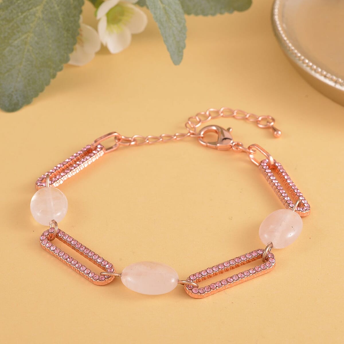 Galilea Rose Quartz and Pink Austrian Crystal Paper Clip Station Bracelet in Rosetone (7.50-9.50 Inches) 11.00 ctw image number 1