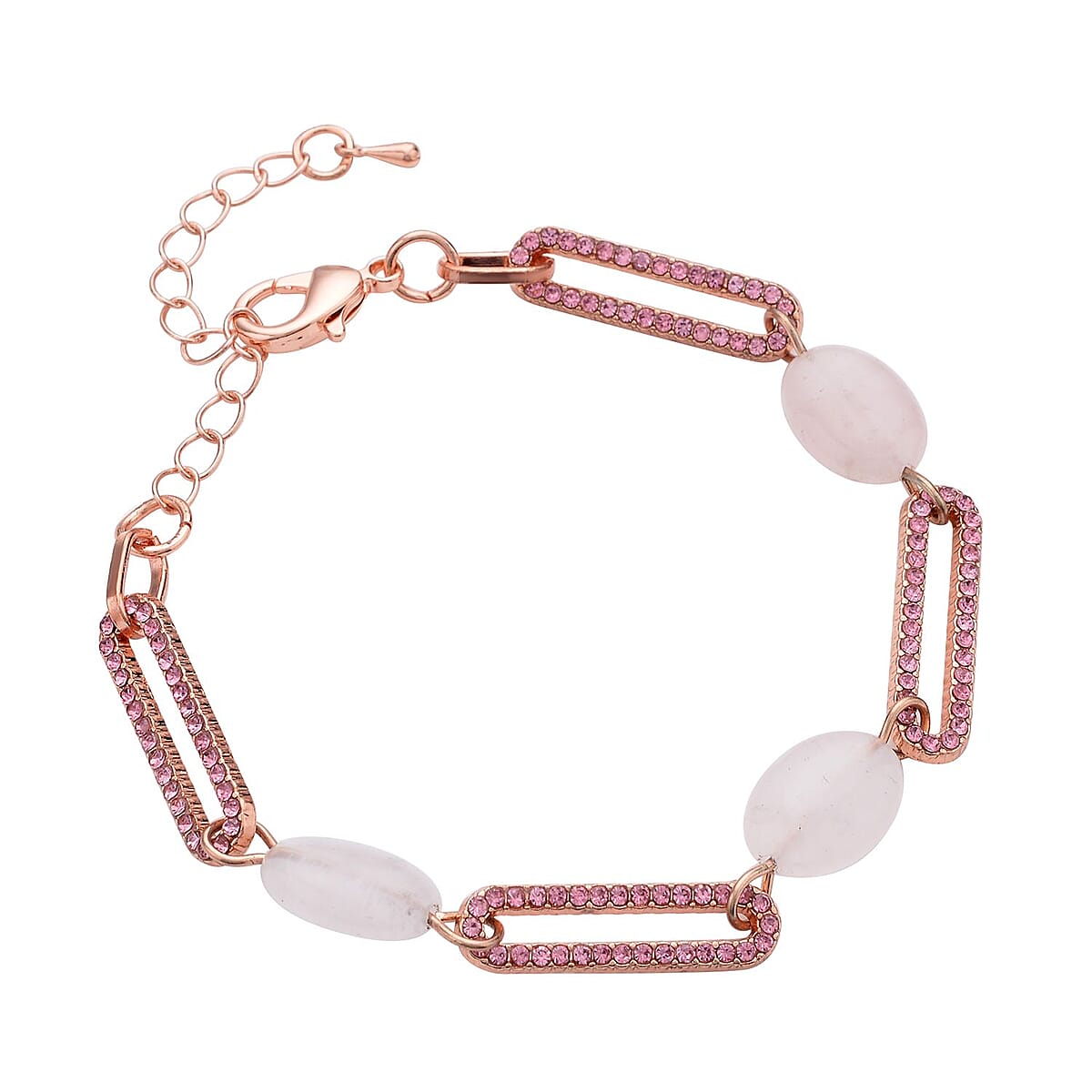 Galilea Rose Quartz and Pink Austrian Crystal Paper Clip Station Bracelet in Rosetone (7.50-9.50 Inches) 11.00 ctw image number 2