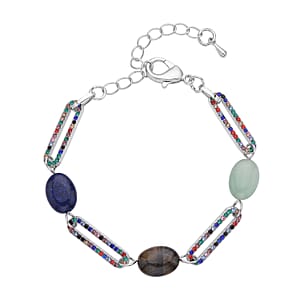 Multi Gemstone and  Multi Color Crystal Paper Clip Station Bracelet in Silvertone (7.50-9.50 Inches) 11.00 ctw