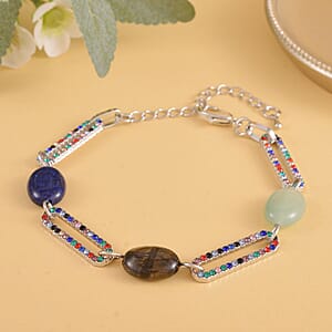 Multi Gemstone and  Multi Color Crystal Paper Clip Station Bracelet in Silvertone (7.50-9.50 Inches) 11.00 ctw
