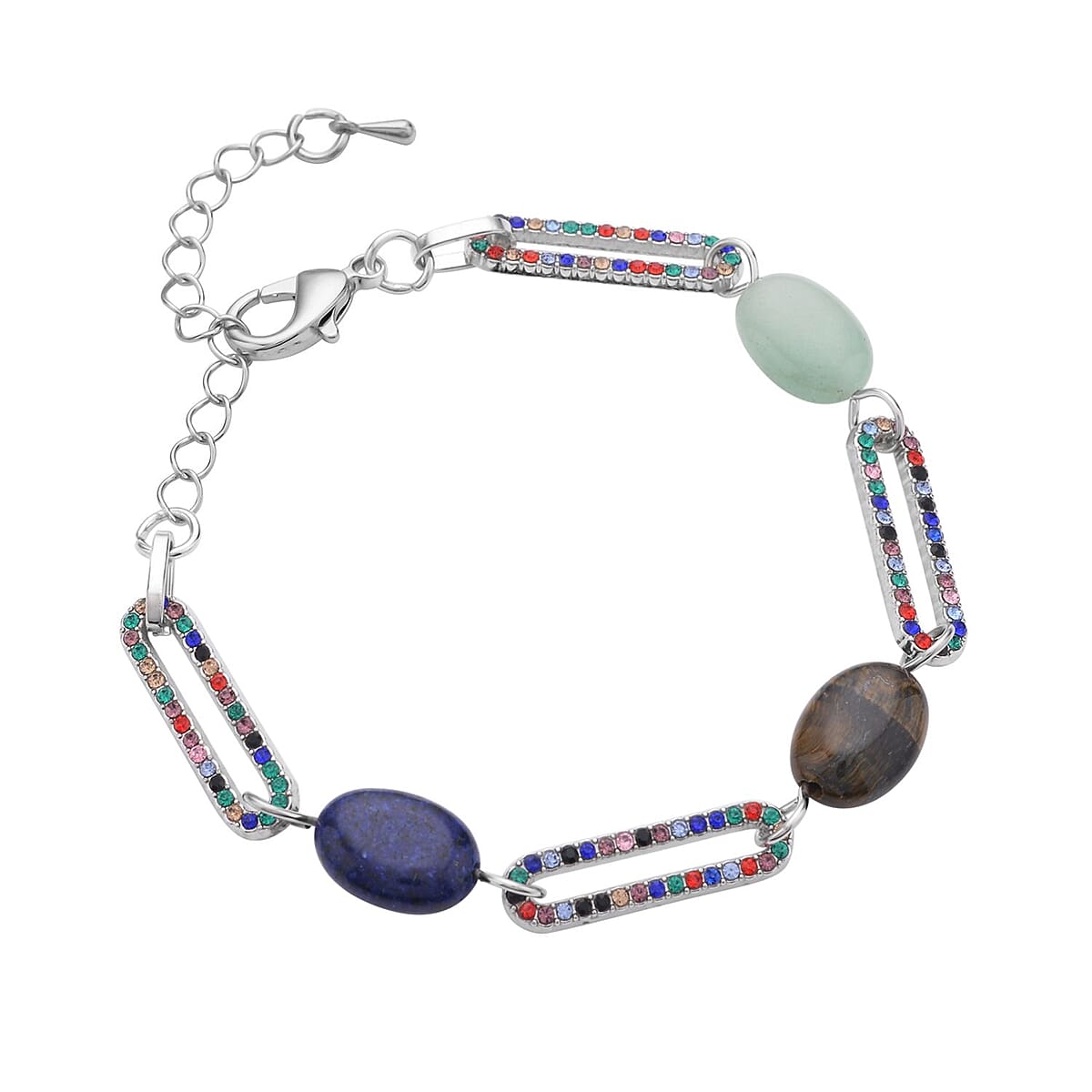Multi Gemstone and  Multi Color Crystal Paper Clip Station Bracelet in Silvertone (7.50-9.50 Inches) 11.00 ctw image number 2