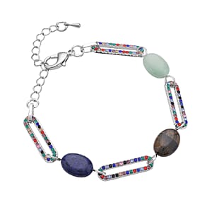Multi Gemstone and  Multi Color Crystal Paper Clip Station Bracelet in Silvertone (7.50-9.50 Inches) 11.00 ctw