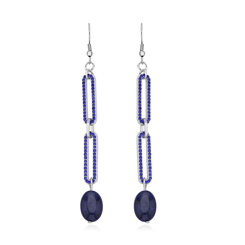 Lapis Lazuli and Blue Austrian Crystal Paper Clip Chain Dangle Earrings in Silvertone 5.00 ctw