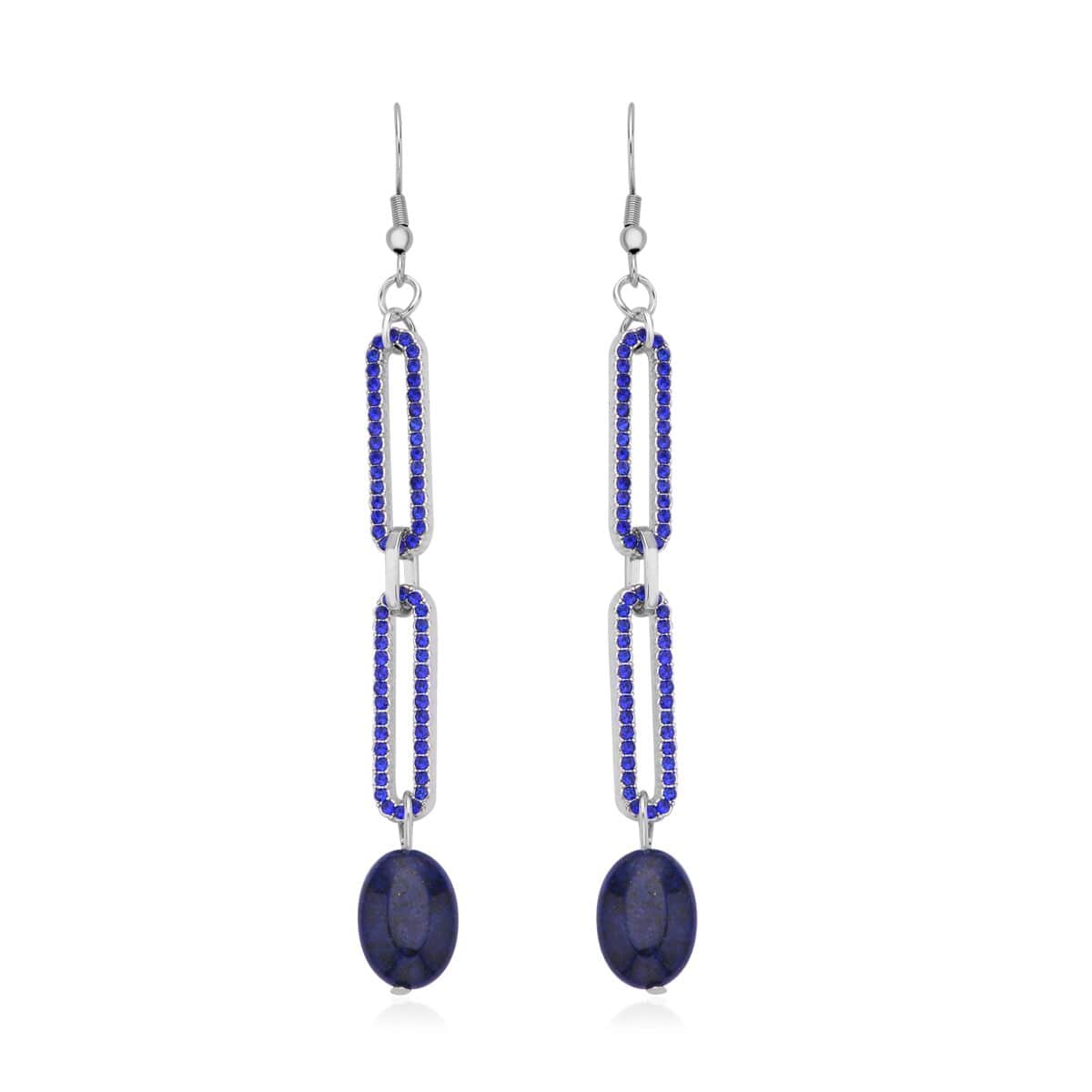 Lapis Lazuli and Blue Austrian Crystal Paper Clip Chain Dangle Earrings in Silvertone 5.00 ctw image number 0