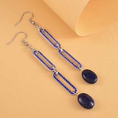Lapis Lazuli and Blue Austrian Crystal Paper Clip Chain Dangle Earrings in Silvertone 5.00 ctw
