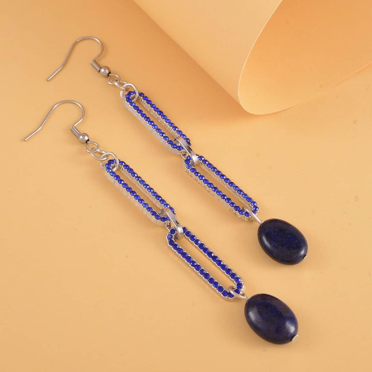 Lapis Lazuli and Blue Austrian Crystal Paper Clip Chain Dangle Earrings in Silvertone 5.00 ctw image number 1