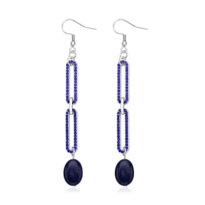 Lapis Lazuli and Blue Austrian Crystal Paper Clip Chain Dangle Earrings in Silvertone 5.00 ctw