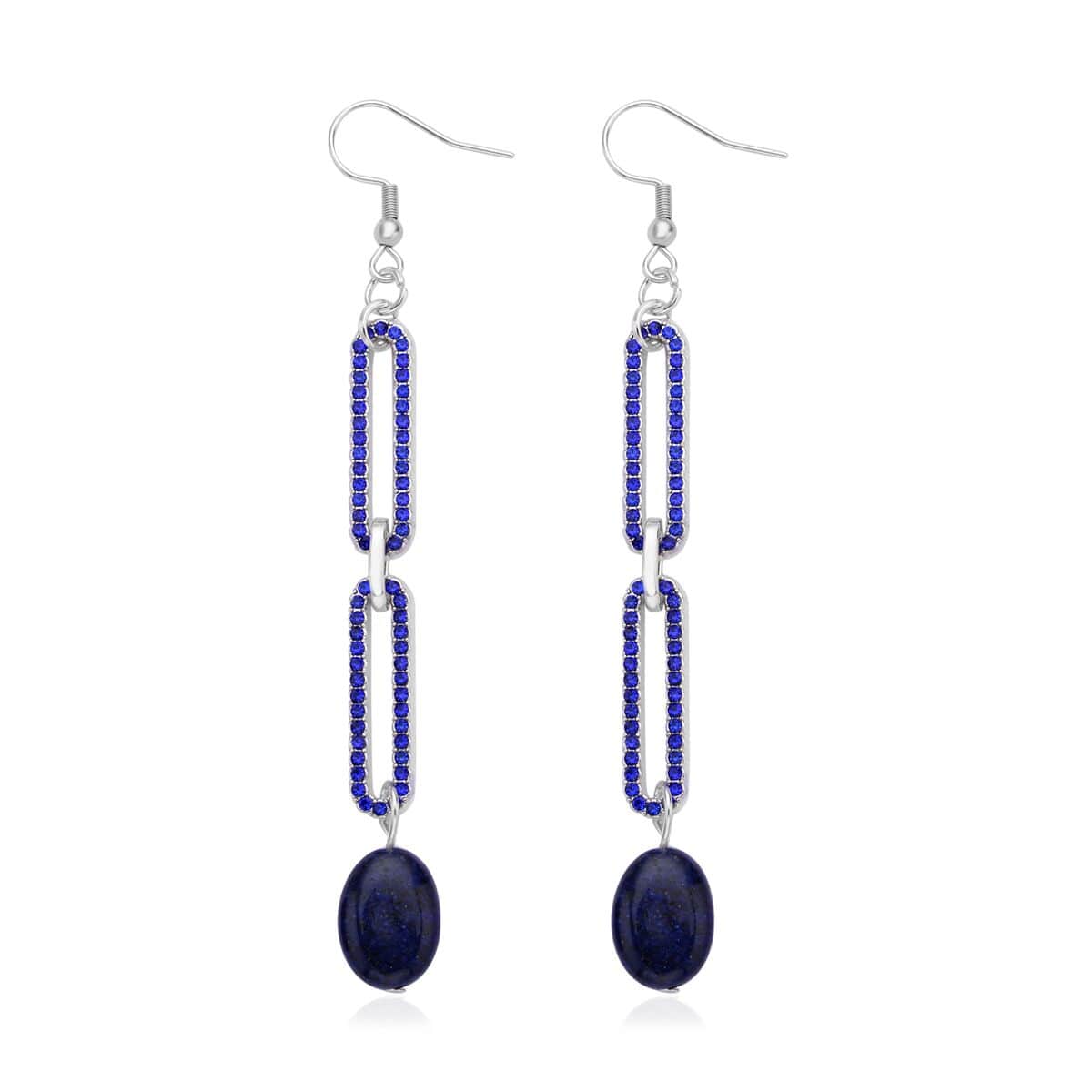 Lapis Lazuli and Blue Austrian Crystal Paper Clip Chain Dangle Earrings in Silvertone 5.00 ctw image number 3