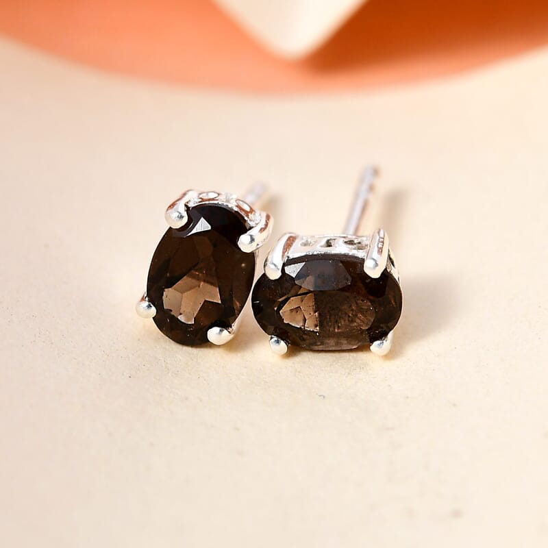 Brazilian Smoky Quartz Solitaire Stud Earrings in Sterling Silver 0.85 ctw