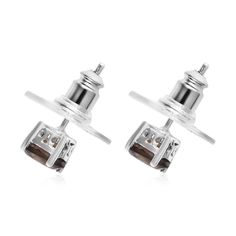 Brazilian Smoky Quartz Solitaire Stud Earrings in Sterling Silver 0.85 ctw