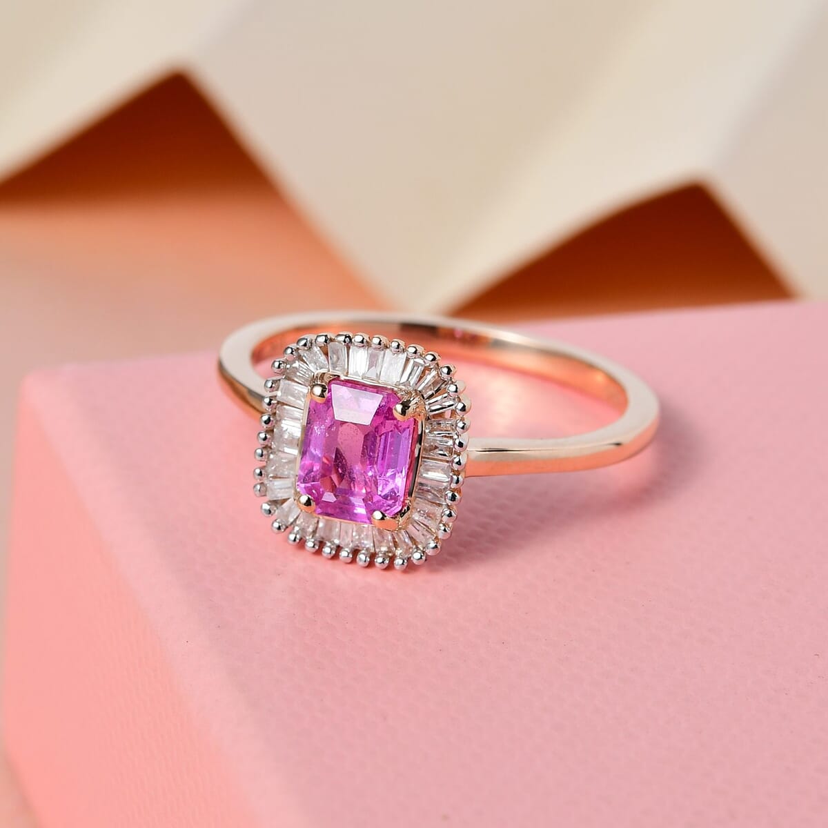 Doorbuster LUXORO 10K Rose Gold AAA Madagascar Pink Sapphire and G-H I3 Diamond Halo Ring (Size 9.0) 2.35 Grams 1.10 ctw image number 1