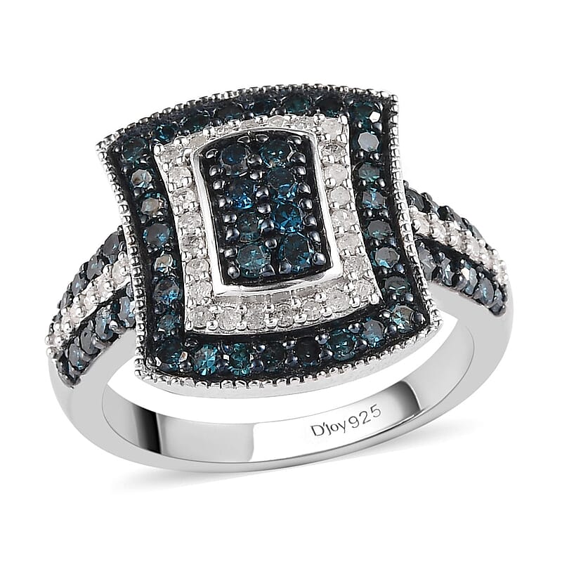 Blue and White Diamond Cluster Ring in Platinum Over Sterling Silver (Size 10.0) 1.00 ctw