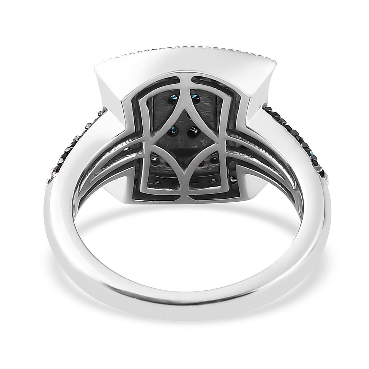 Blue and White Diamond Cluster Ring in Platinum Over Sterling Silver (Size 10.0) 1.00 ctw