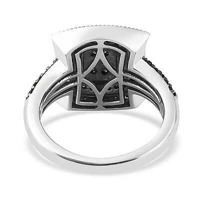 Blue and White Diamond Cluster Ring in Platinum Over Sterling Silver (Size 10.0) 1.00 ctw