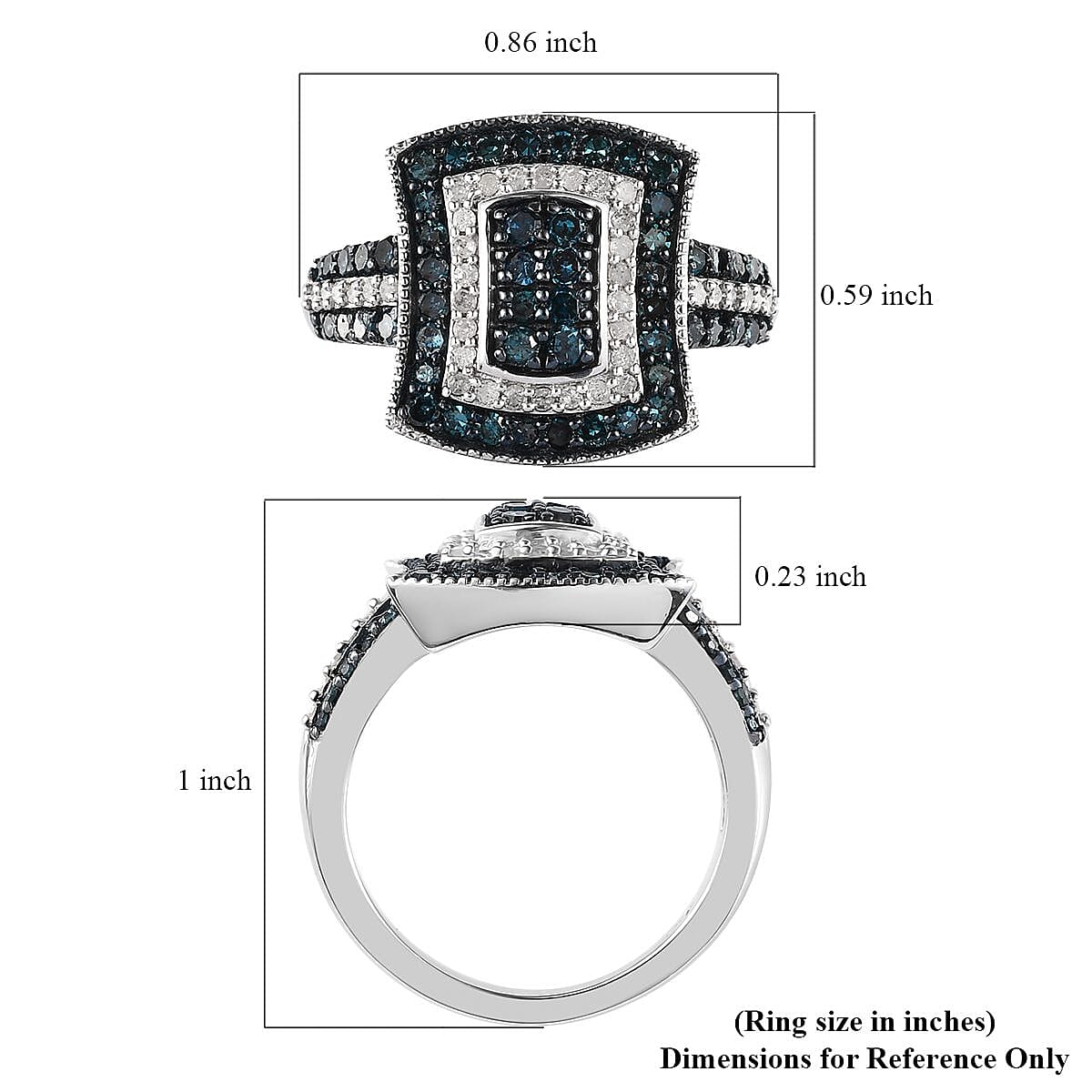 Blue and White Diamond Cluster Ring in Platinum Over Sterling Silver (Size 10.0) 1.00 ctw