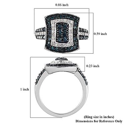 Blue and White Diamond Cluster Ring in Platinum Over Sterling Silver (Size 10.0) 1.00 ctw
