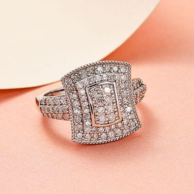 Natural Diamond Cluster Ring in Platinum Over Sterling Silver (Size 7.0) 1.00 ctw