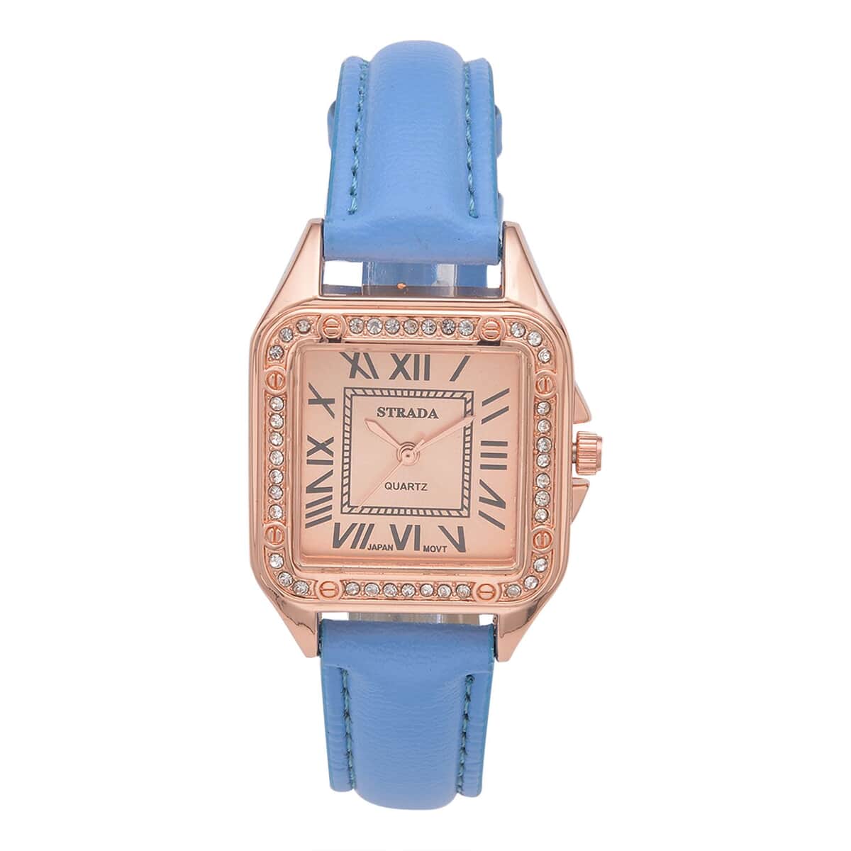 Strada White Austrian Crystal Japanese Movement Watch in Rosetone with Blue Faux Leather Strap (29.64 mm) (6.50-8.25 Inches) image number 0