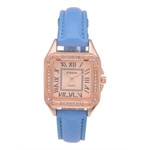 Strada White Austrian Crystal Japanese Movement Watch in Rosetone with Blue Faux Leather Strap (29.64 mm) (6.50-8.25 Inches)