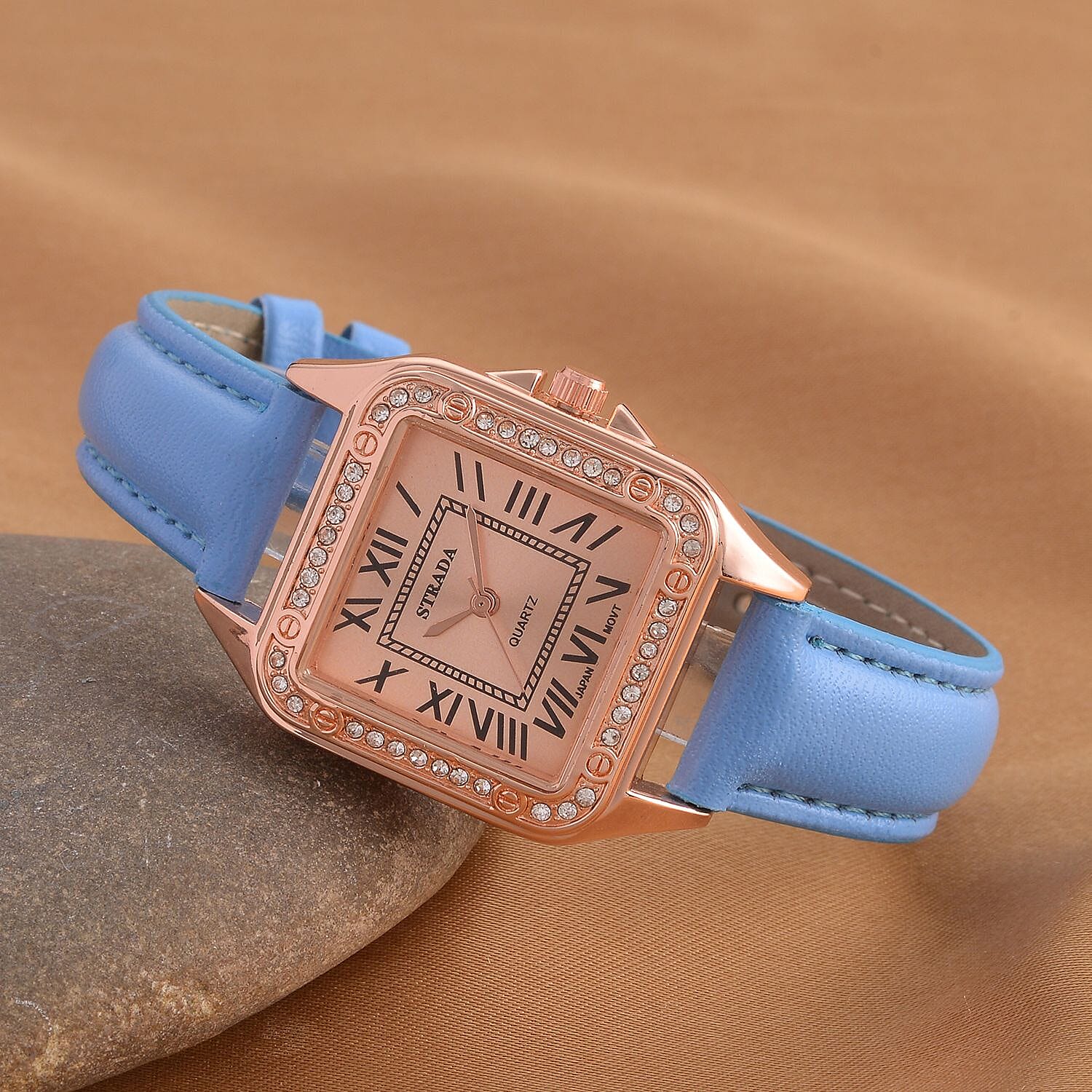 Strada White Austrian Crystal Japanese Movement Watch in Rosetone with Blue Faux Leather Strap (29.64 mm) (6.50-8.25 Inches)
