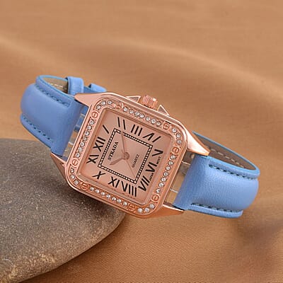 Strada White Austrian Crystal Japanese Movement Watch in Rosetone with Blue Faux Leather Strap (29.64 mm) (6.50-8.25 Inches)