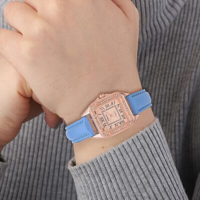 Strada White Austrian Crystal Japanese Movement Watch in Rosetone with Blue Faux Leather Strap (29.64 mm) (6.50-8.25 Inches)