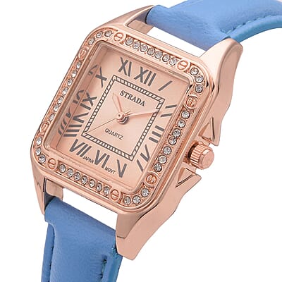 Strada White Austrian Crystal Japanese Movement Watch in Rosetone with Blue Faux Leather Strap (29.64 mm) (6.50-8.25 Inches)