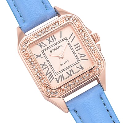 Strada White Austrian Crystal Japanese Movement Watch in Rosetone with Blue Faux Leather Strap (29.64 mm) (6.50-8.25 Inches)